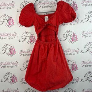Miss Mango dress open cut out front puff shoulders Bold Red dress flowy belted